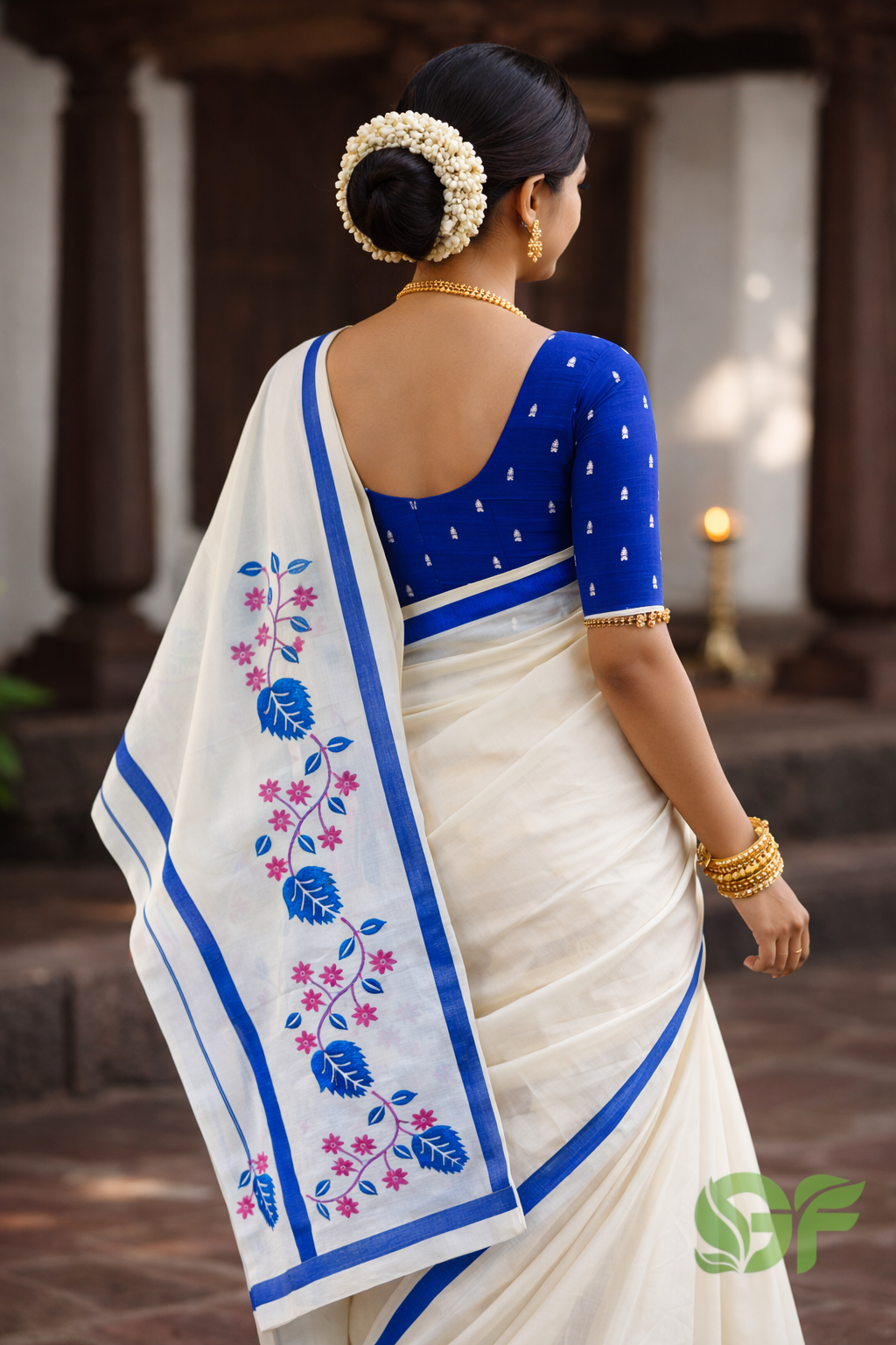 Elegant Kerala Set Mundu with Blue Floral Border