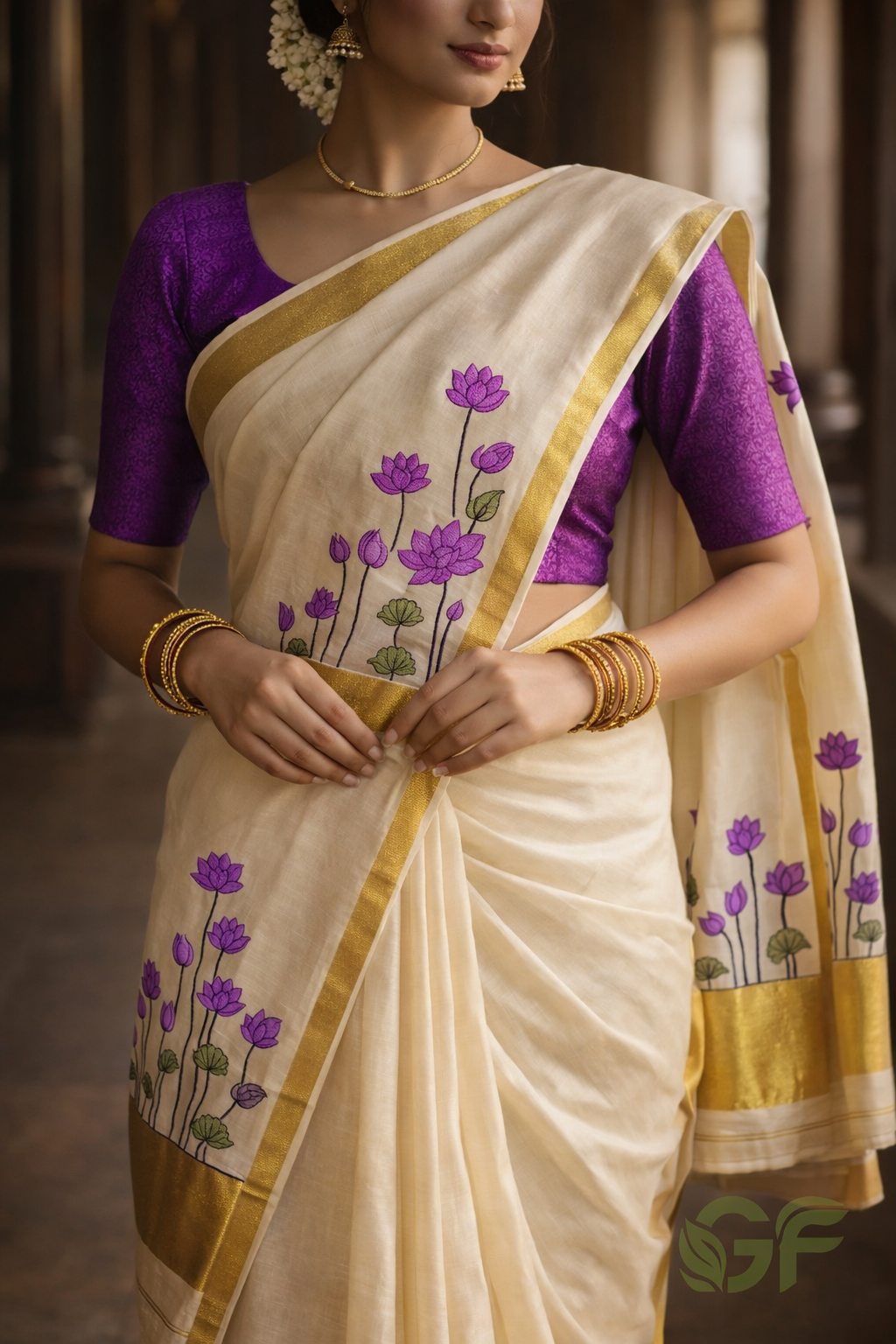 Kerala Tissue Set Saree with Lotus Thread Work