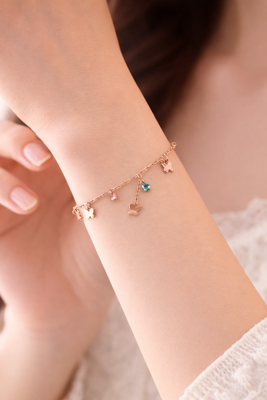 Butterfly Charm Bracelet for Women – Rose Gold Stainless Steel Adjustable Bracelet with Crystal Stones