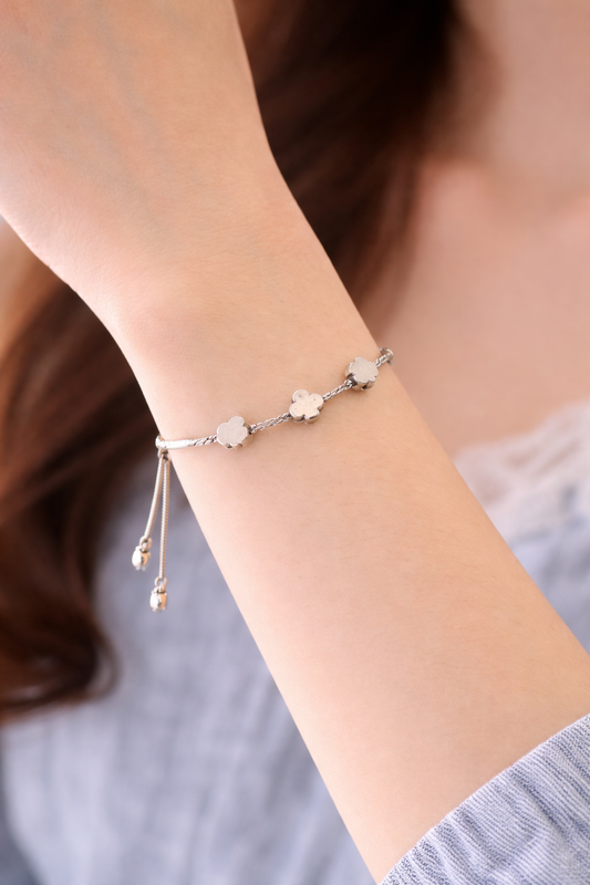 Silver Clover Charm Bracelet for Women – Stainless Steel Adjustable Slider Bracelet | Minimal Double Chain Bracelet