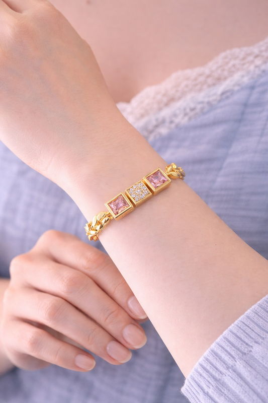 Elegant Gold Heart Bracelet with Pink Stone Accents