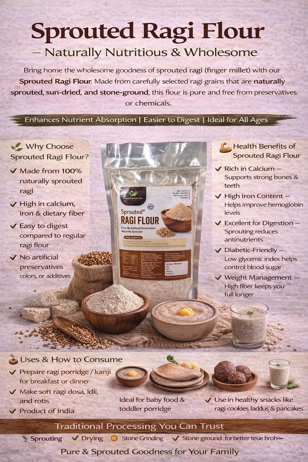 Sprouted Ragi Flour 500gm - High Calcium Baby Food & Porridge