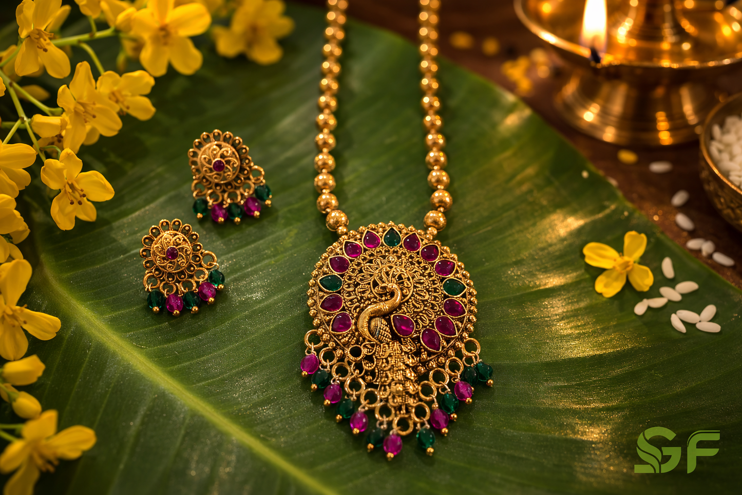 Traditional Peacock Temple Jewellery Necklace Set