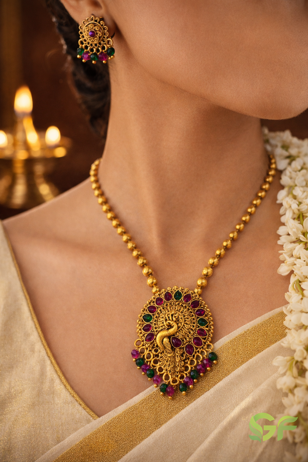 Traditional Peacock Temple Jewellery Necklace Set