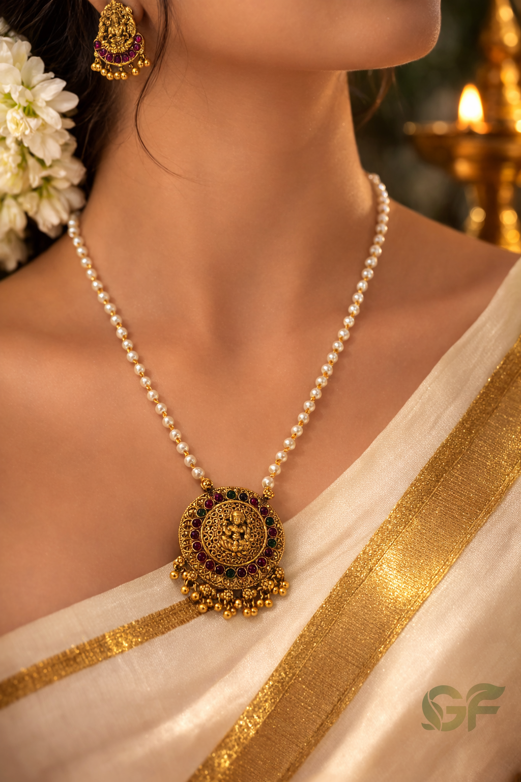 Traditional Temple Pendant Pearl Necklace