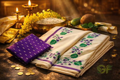 Elegant Kerala Set Mundu with Blue Floral Border