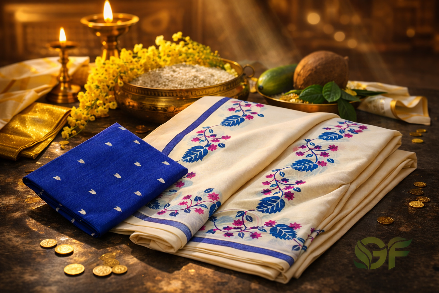 Elegant Kerala Set Mundu with Blue Floral Border