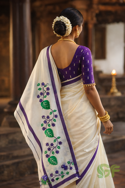 Elegant Kerala Set Mundu with Blue Floral Border
