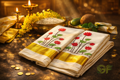 Kerala Tissue Set Saree with Lotus Thread Work