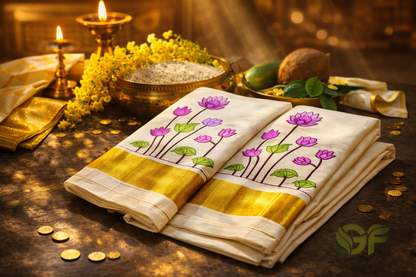Kerala Tissue Set Saree with Lotus Thread Work