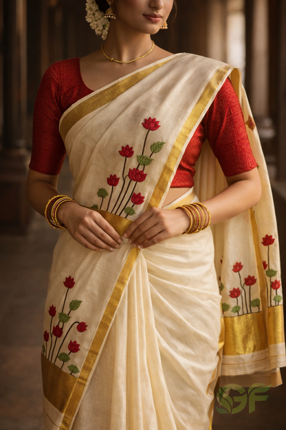 Kerala Tissue Set Saree with Lotus Thread Work