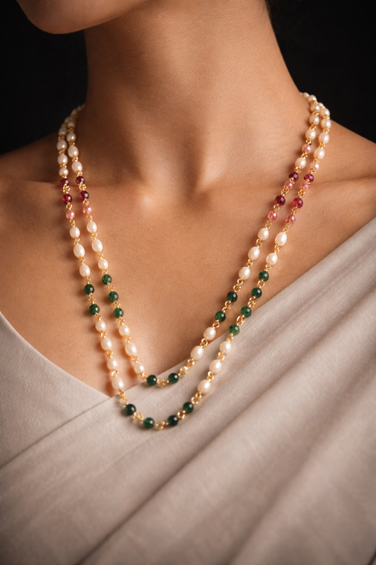 Double-Layer Pearl Chain with Gemstone Accents