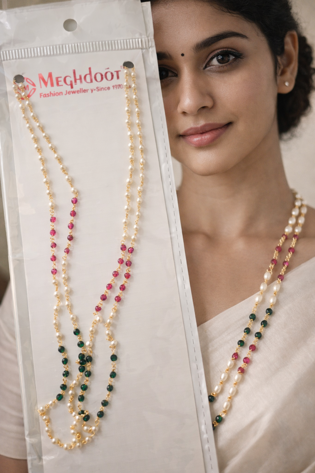 Double-Layer Pearl Chain with Gemstone Accents