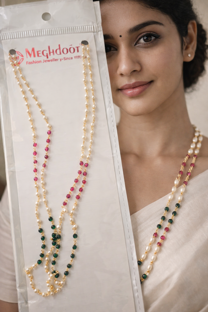 Double-Layer Pearl Chain with Gemstone Accents