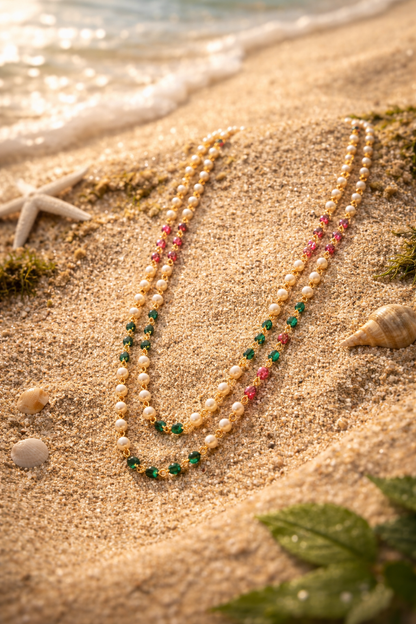 Double-Layer Pearl Chain with Gemstone Accents