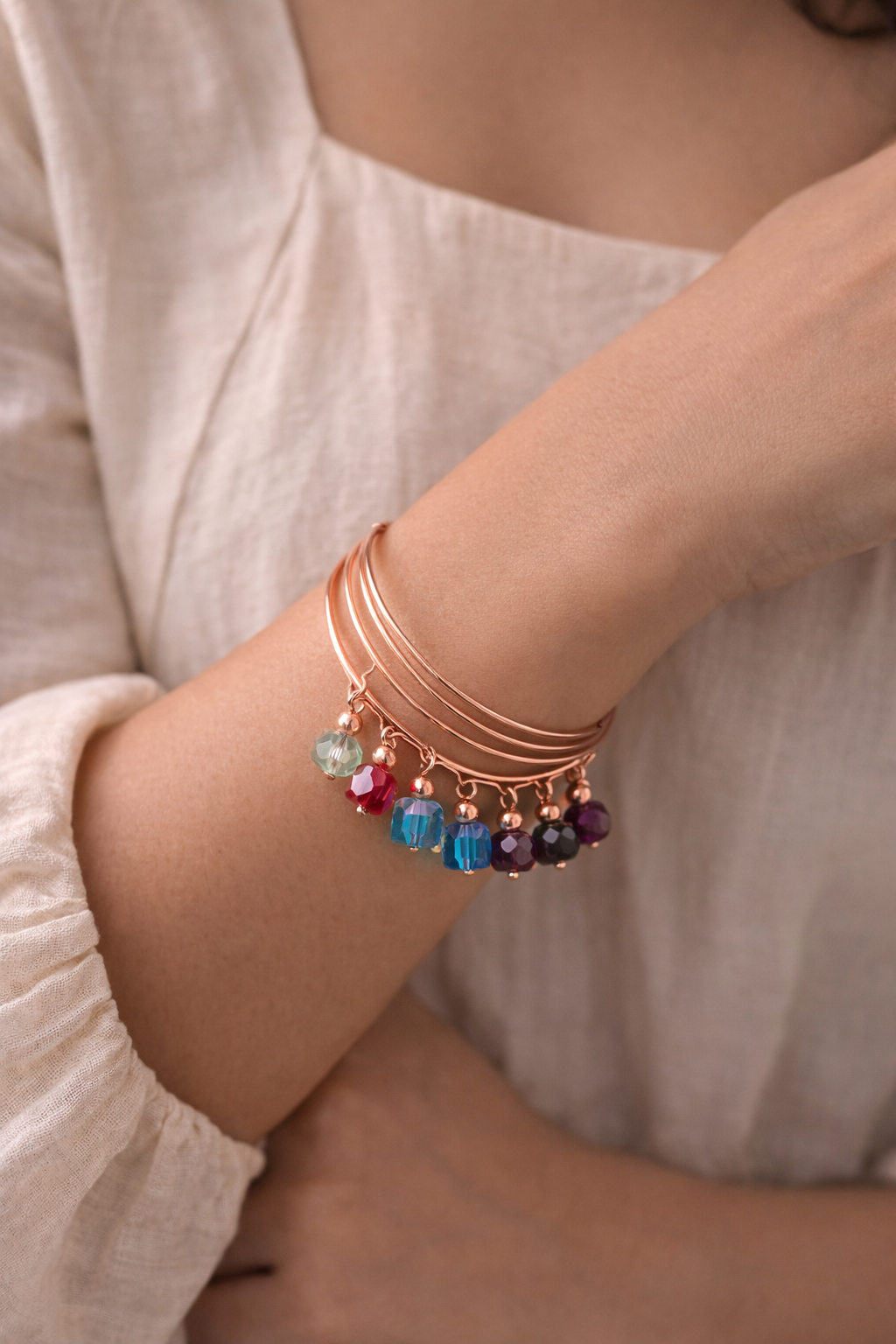Rose Gold Pearl Charm Bangles