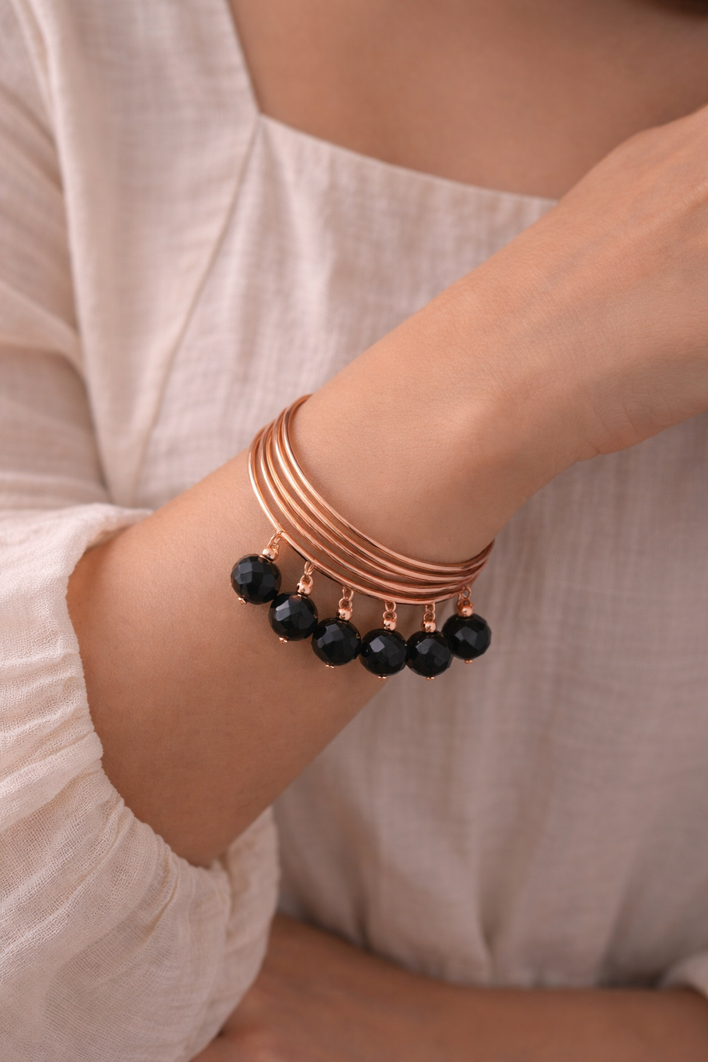 Rose Gold Pearl Charm Bangles