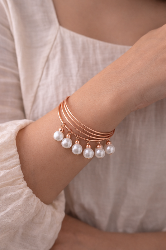 Rose Gold Pearl Charm Bangles