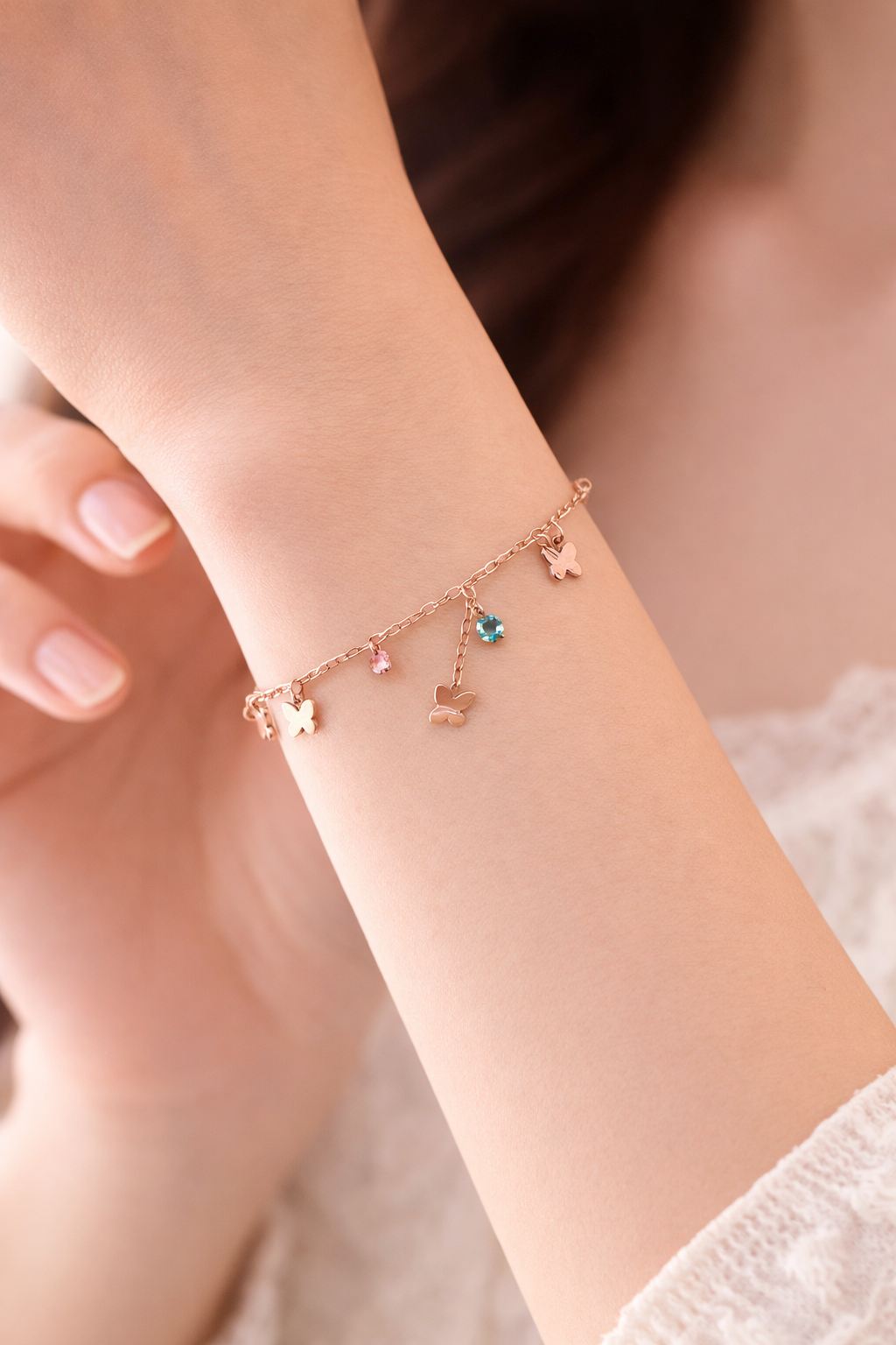 Butterfly Charm Bracelet for Women – Rose Gold Stainless Steel Adjustable Bracelet with Crystal Stones