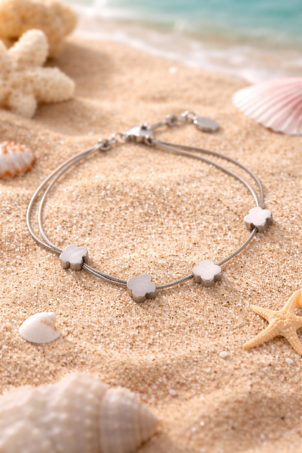 Silver Clover Charm Bracelet for Women – Stainless Steel Adjustable Slider Bracelet | Minimal Double Chain Bracelet