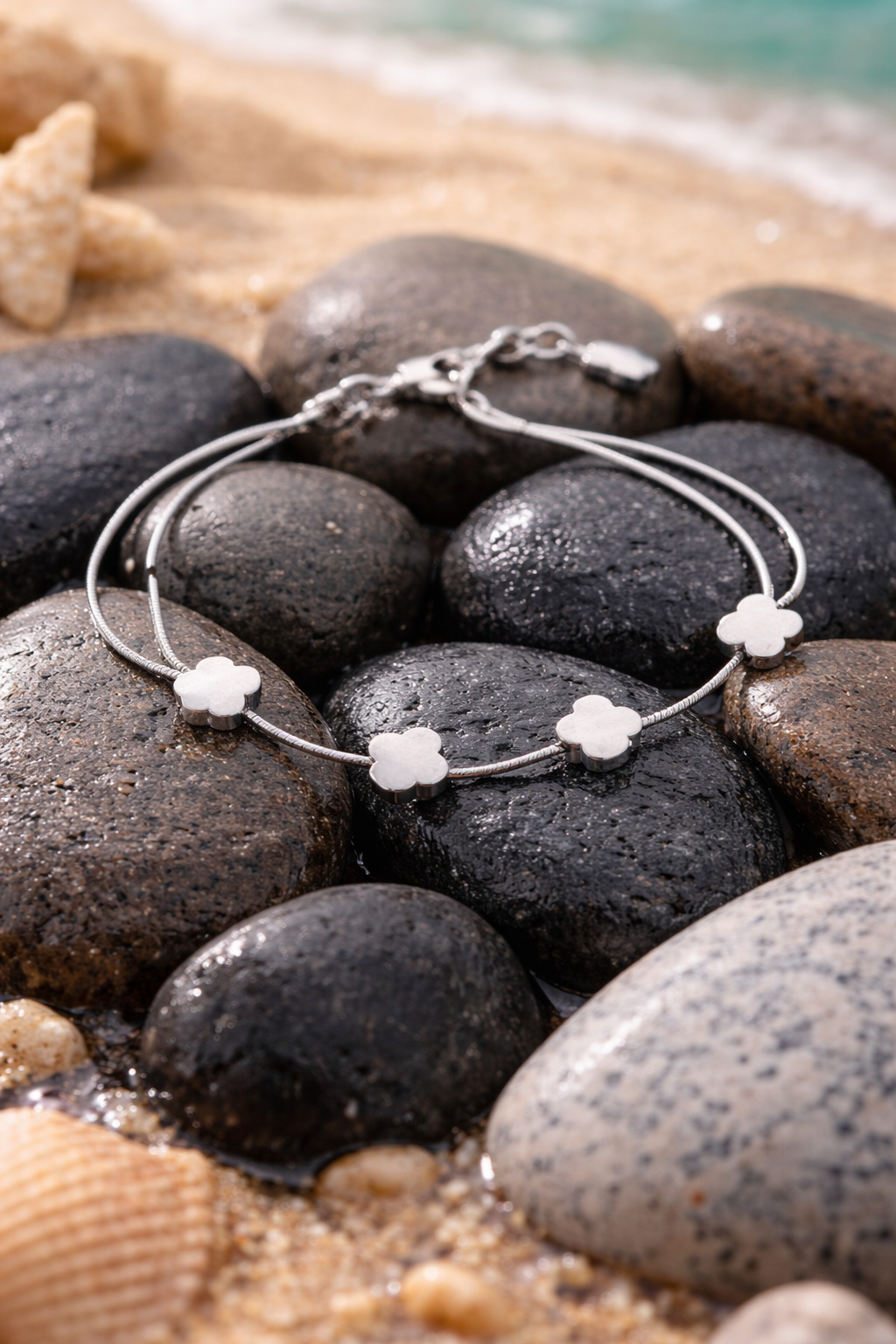 Silver Clover Charm Bracelet for Women – Stainless Steel Adjustable Slider Bracelet | Minimal Double Chain Bracelet