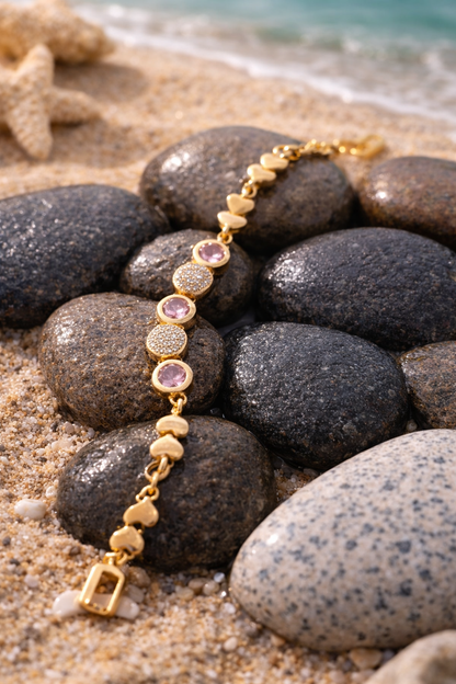 Elegant Gold Heart Bracelet with Pink Stone Accents