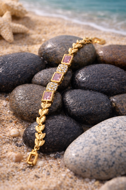 Elegant Gold Heart Bracelet with Pink Stone Accents
