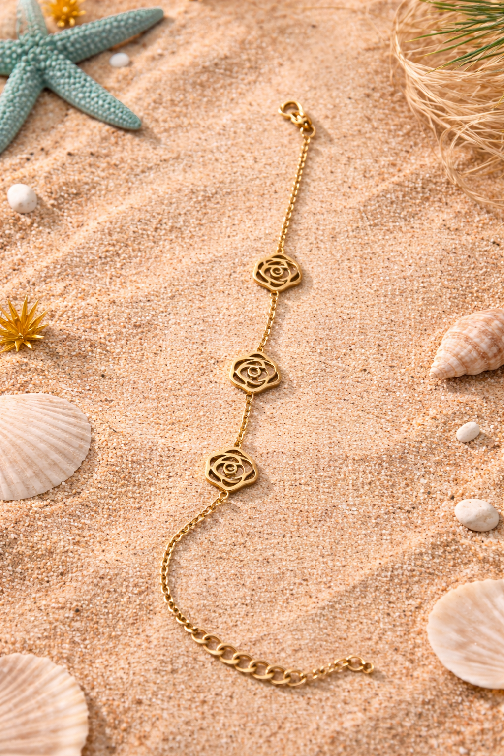 Gold Floral Charm Bracelet for Women | Stainless Steel Adjustable Minimal Jewelry