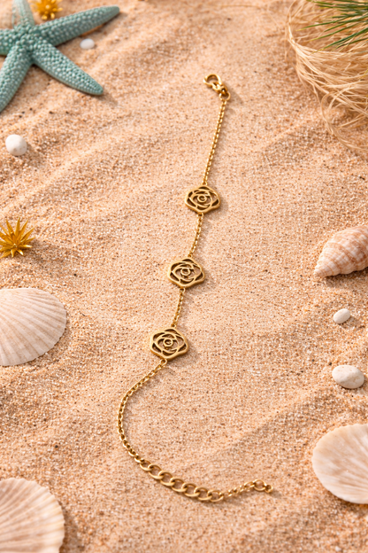 Gold Floral Charm Bracelet for Women | Stainless Steel Adjustable Minimal Jewelry