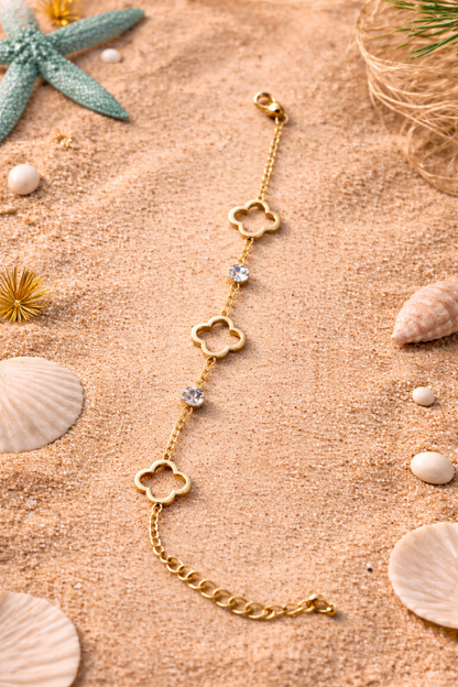 Gold Floral Charm Bracelet for Women | Stainless Steel Adjustable Minimal Jewelry