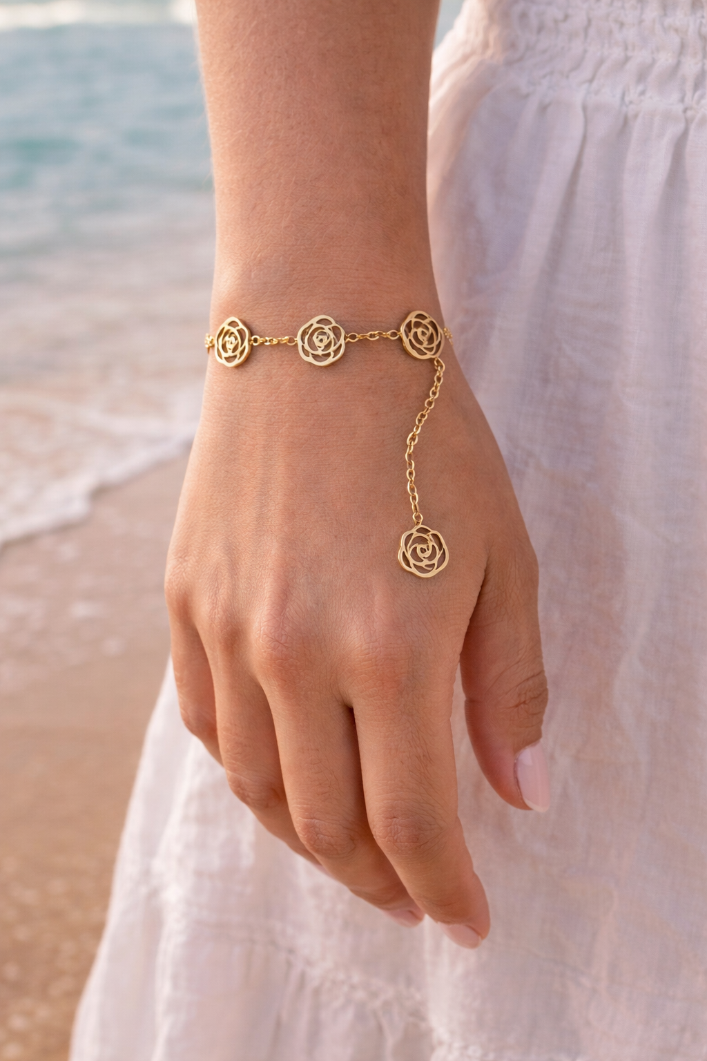 Gold Floral Charm Bracelet for Women | Stainless Steel Adjustable Minimal Jewelry