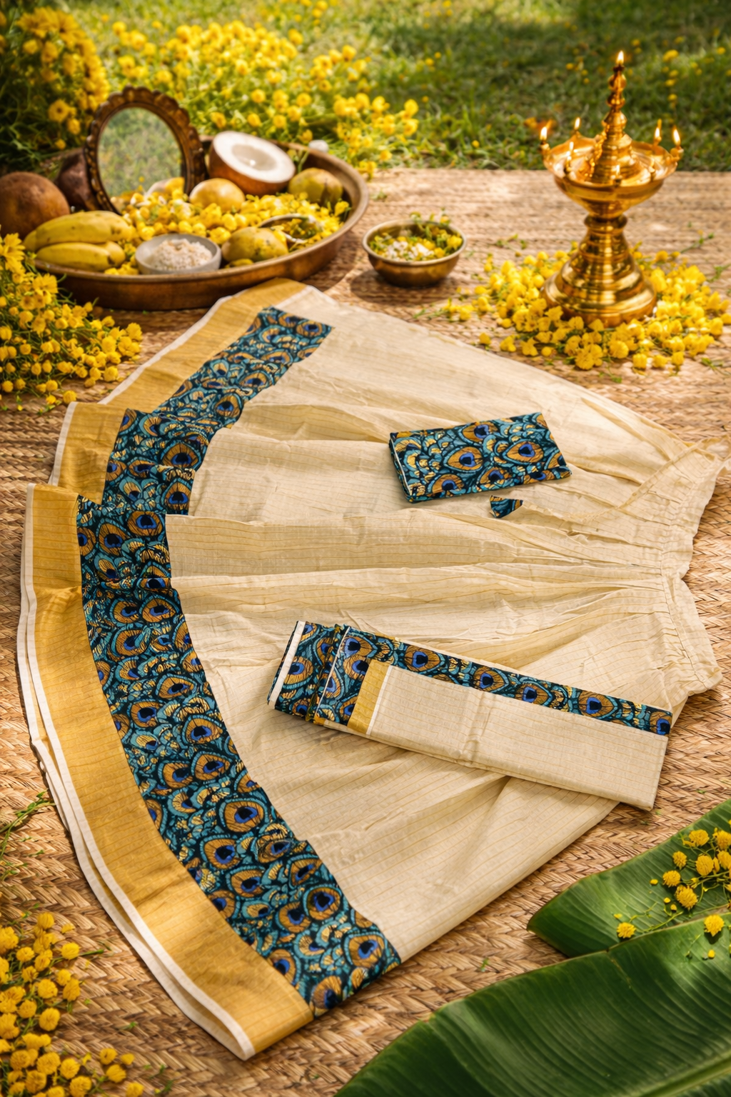 Buy Kerala Kasavu Davani Online | Peacock Design Half Saree for Vishu & Festive Wear