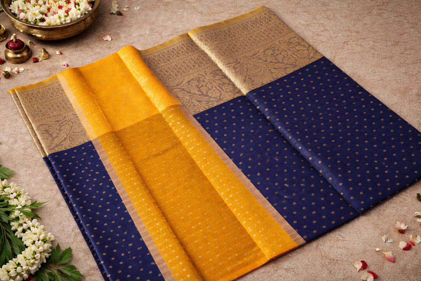 Soft Silk Saree with Kanchipuram Border – Timeless Elegance