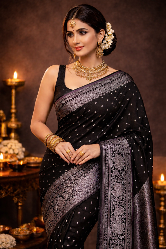 Black Georgette Banarasi Saree with Zari Border – Elegant & Timeless