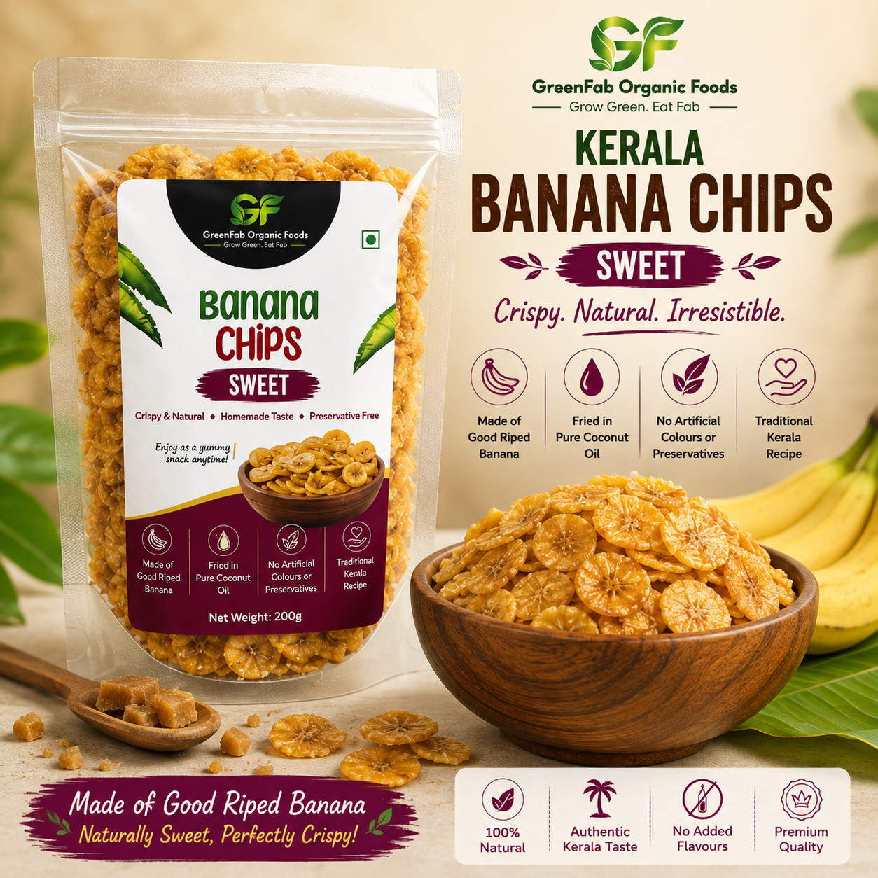 Kerala Banana Chips (Sweet) in Coconut Oil - Authentic Nendran 200 gm
