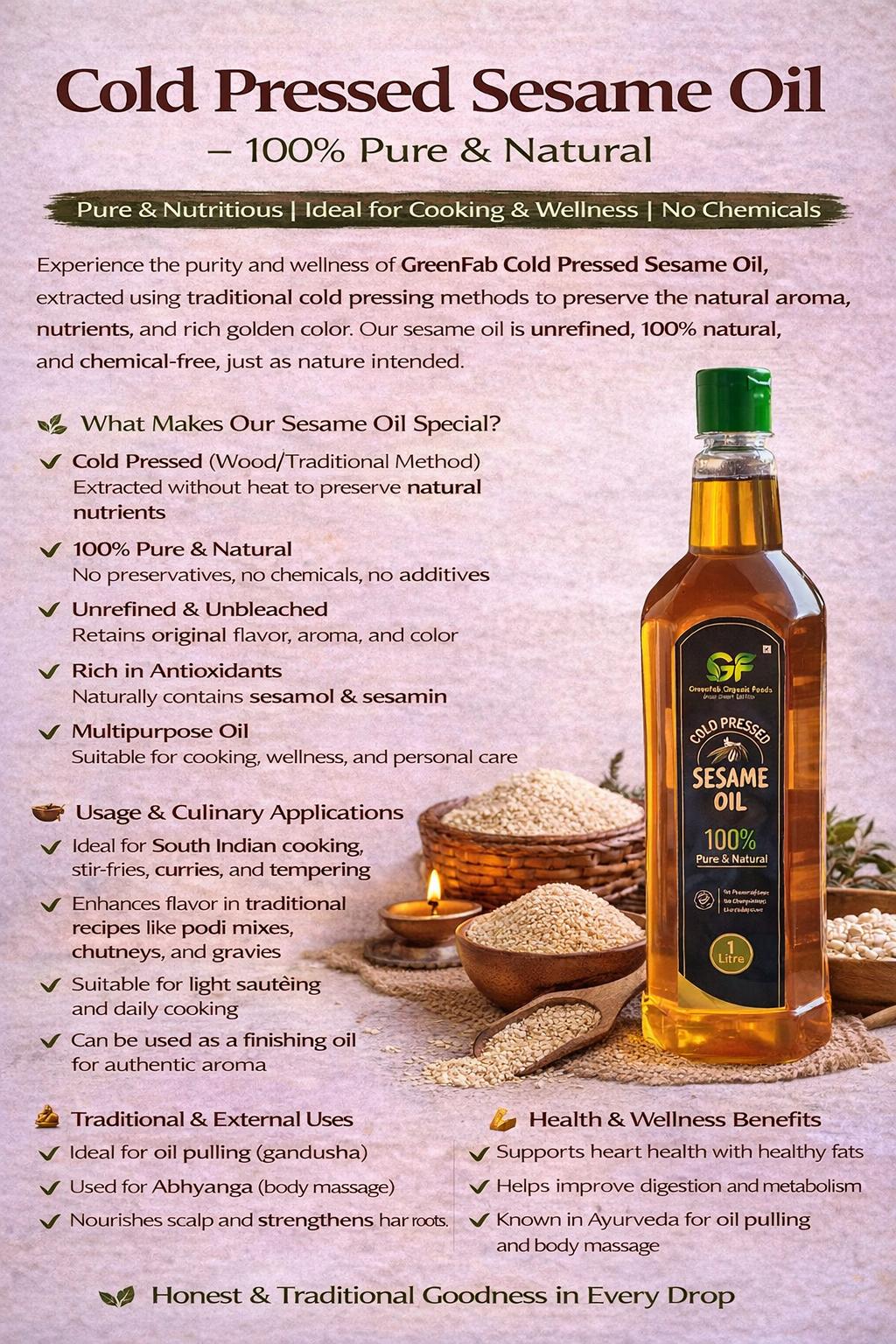 Cold Pressed Sesame Oil - 100% Pure Gingelly Oil
