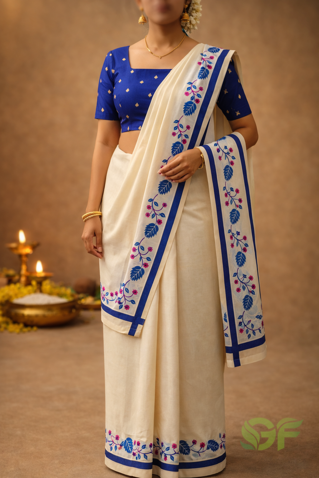 Elegant Kerala Set Mundu with Blue Floral Border