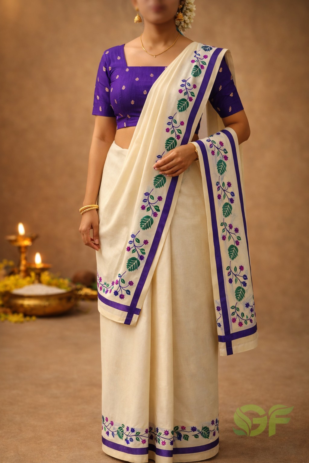 Elegant Kerala Set Mundu with Blue Floral Border