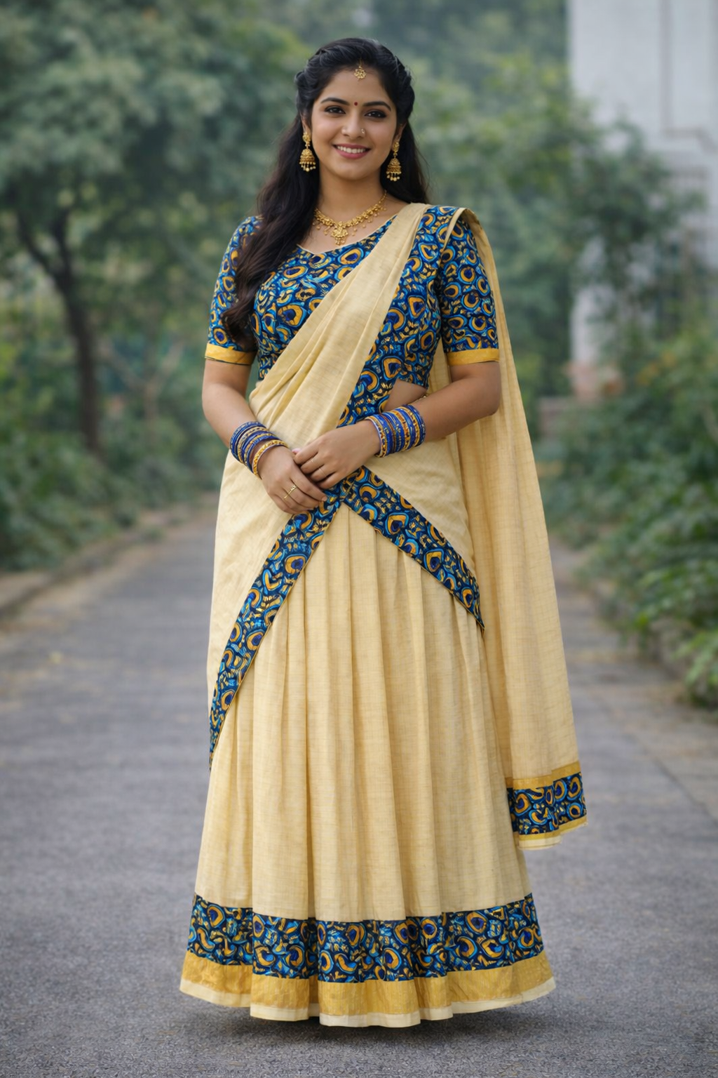 Buy Kerala Kasavu Davani Online | Peacock Design Half Saree for Vishu & Festive Wear