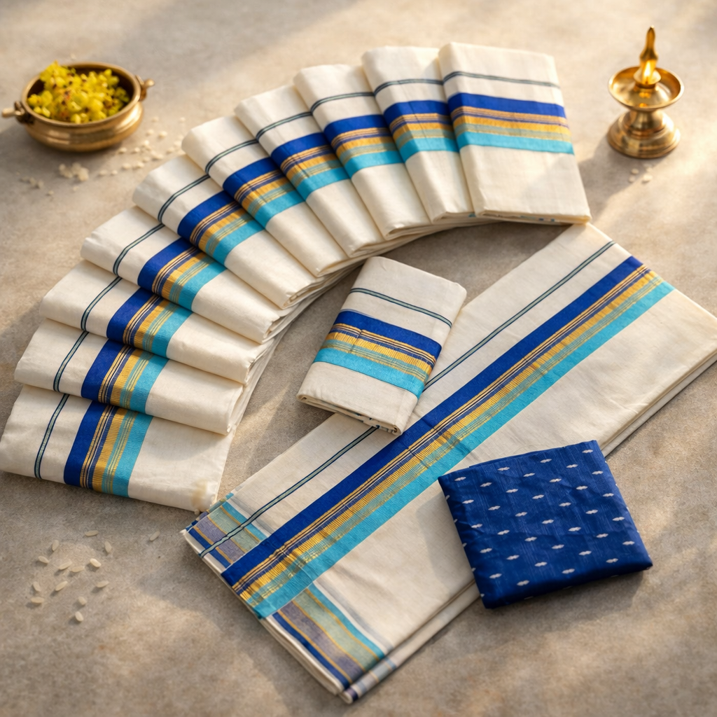 Elegant Cotton Kasavu Set Mundu with Dual-Tone Border