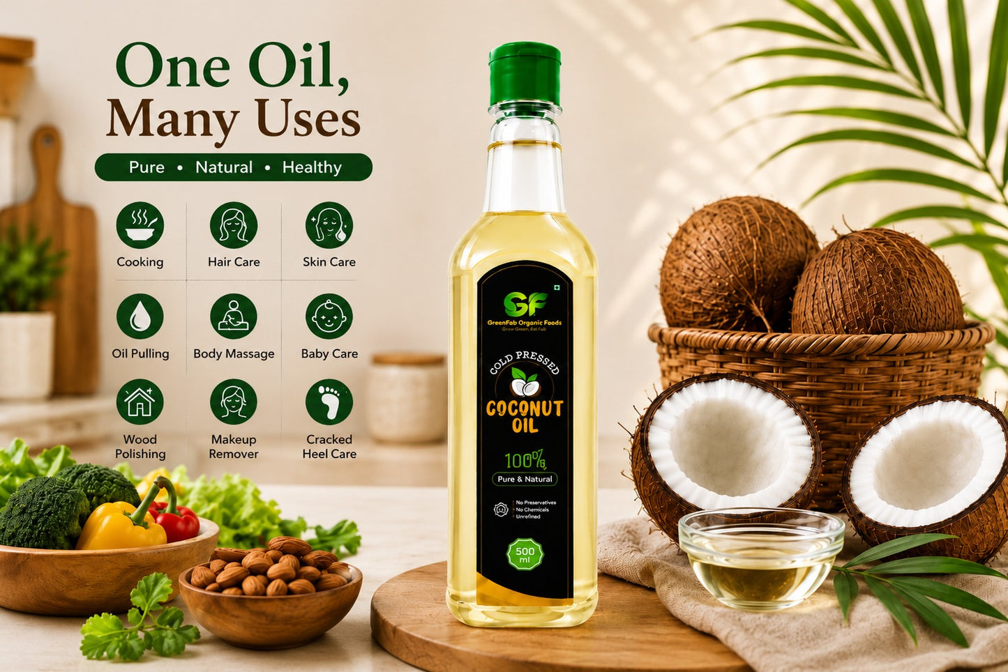 Cold Pressed Coconut Oil - Pure for Cooking, Hair & Skin