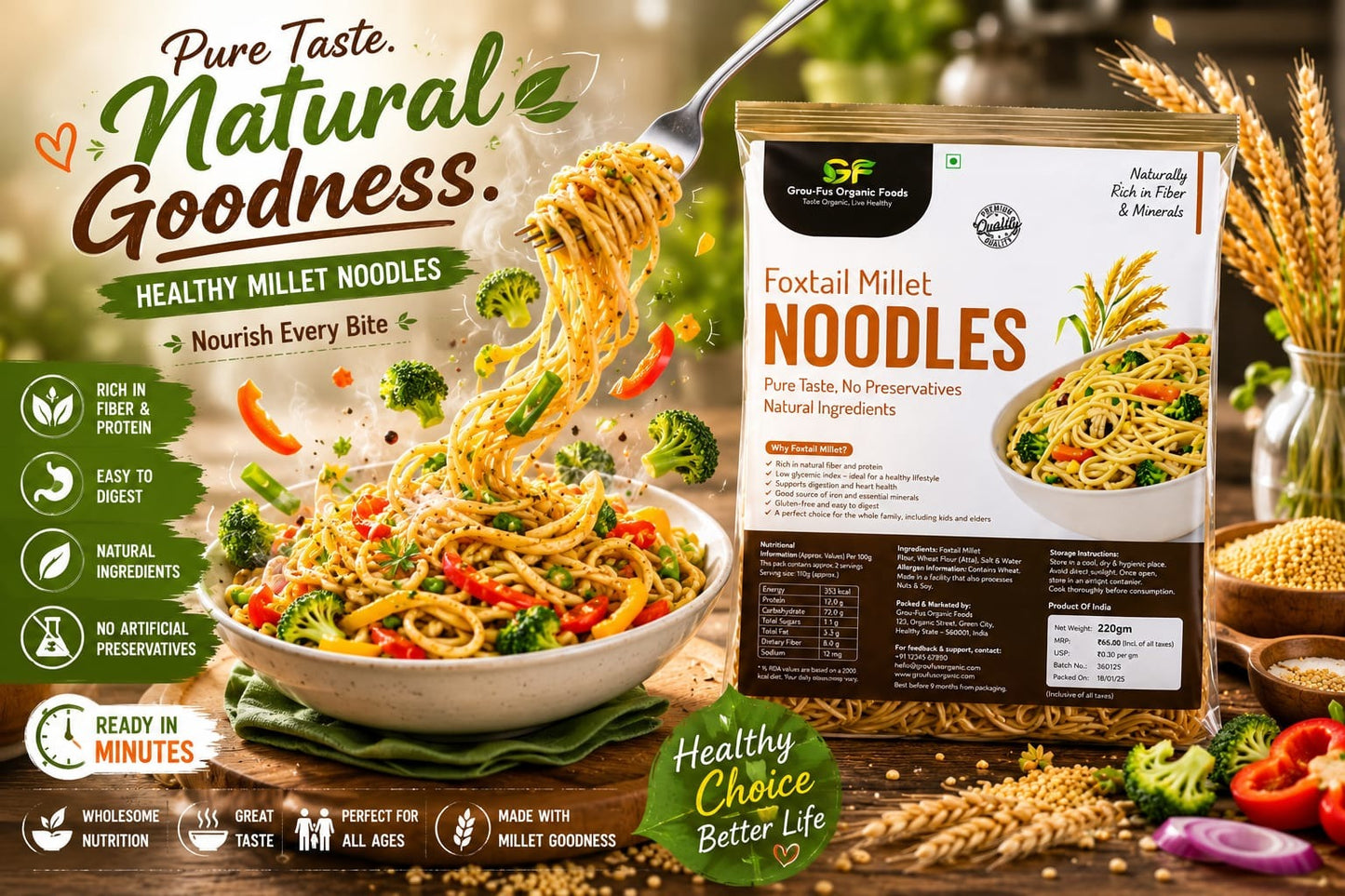 Foxtail Millet Noodles 190gm - Healthy High Fiber Noodles