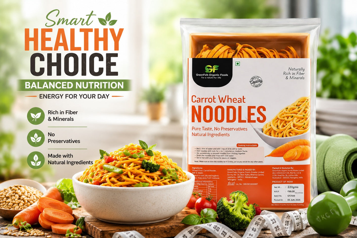 Carrot Wheat Noodles 220gm - Healthy Vegetable Noodles
