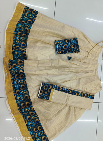 Buy Kerala Kasavu Davani Online | Peacock Design Half Saree for Vishu & Festive Wear